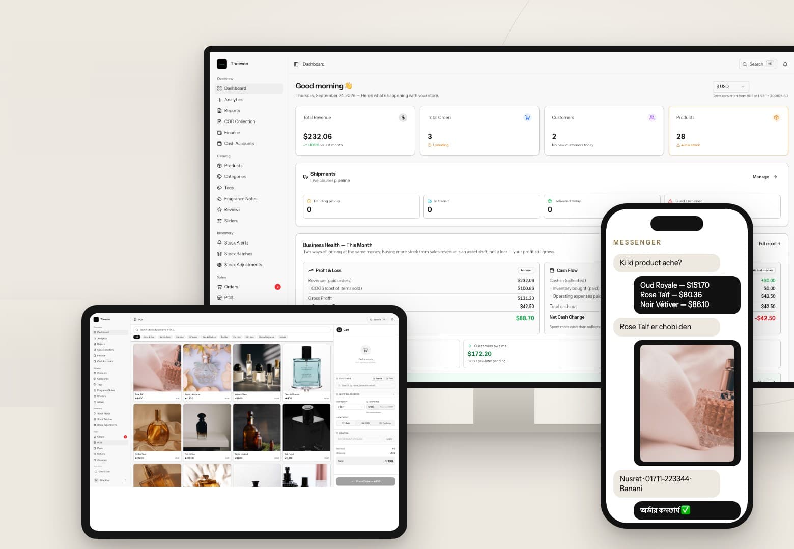 The Ryven Commerce back office: the sales dashboard on a desktop, the point-of-sale screen on a tablet, and an order confirmed over Messenger on a phone.